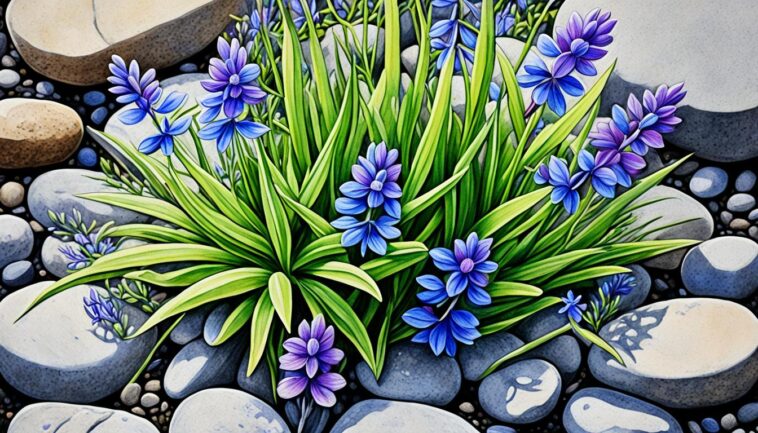 Blühendes Blaukissen in einem Steingarten