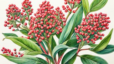 Skimmia Pflanze mit Blüten und Beeren