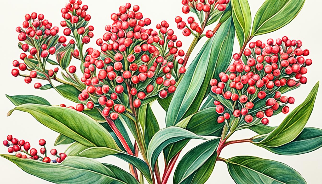 Skimmia Pflanze mit Blüten und Beeren