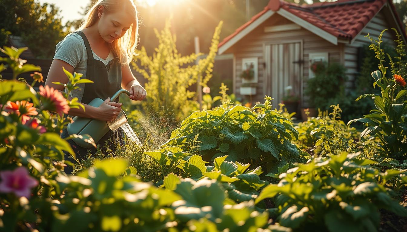 A lush, verdant garden in the warm summer sun, with vibrant flowers and thriving plants. In the foreground, a gardener tending to her plants, her hands gently caressing the leaves as she waters them. The middle ground features a variety of vegetables and herbs, their leaves rustling in the gentle breeze. In the background, a picturesque garden shed, its weathered wooden walls and red-tiled roof adding a touch of charm. The scene is bathed in soft, golden light, creating a serene and calming atmosphere. Lens: 50mm, Aperture: f/5.6, Shutter Speed: 1/125s.