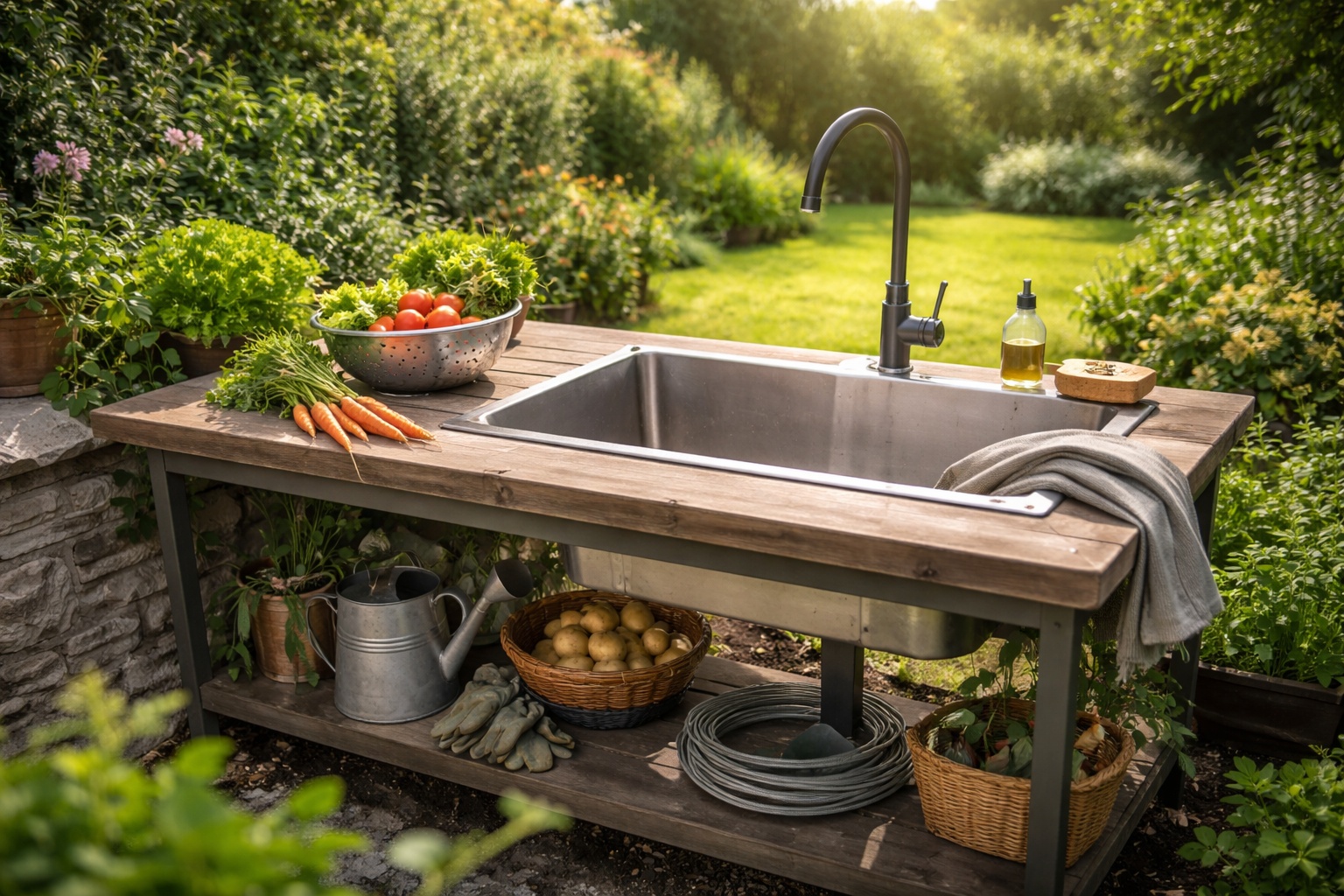Wasserstelle im Garten planen: Outdoor-Waschplatz für Ernte, Grill & Gartenarbeit